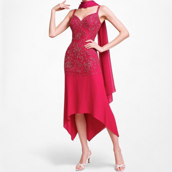 Vintage Pink Floral Beaded Midi Babydoll Bodycon Cocktail Dress Size L - Picture 3 of 11